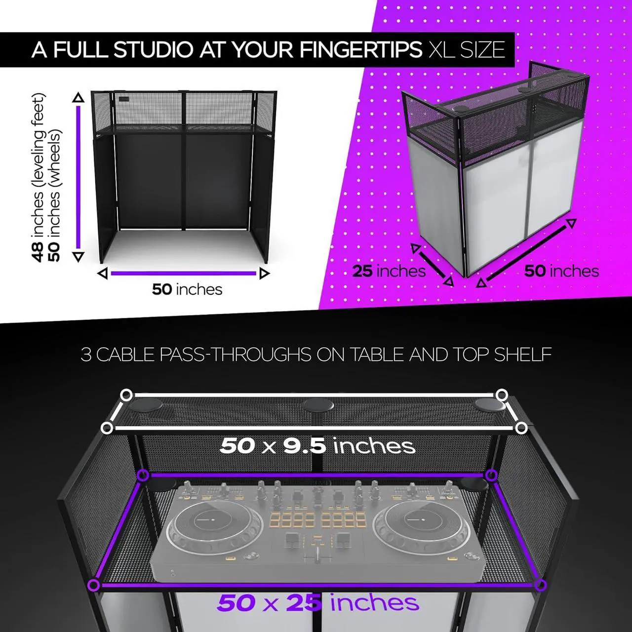 Alt view image 2 of 6 - XL 50x25in Portable DJ Booth Facade Table with White/Black Scrims | Controller and Audio Mixer Stand, With Wheels, Multiplug, Laptop Stand, Cable Organizer, Headphones Holder and Carry Bag
