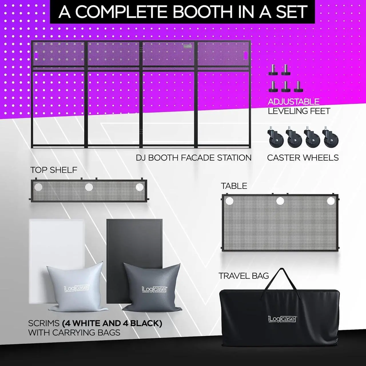 Alt view image 5 of 6 - XL 50x25in Portable DJ Booth Facade Table with White/Black Scrims | Controller and Audio Mixer Stand, With Wheels, Multiplug, Laptop Stand, Cable Organizer, Headphones Holder and Carry Bag