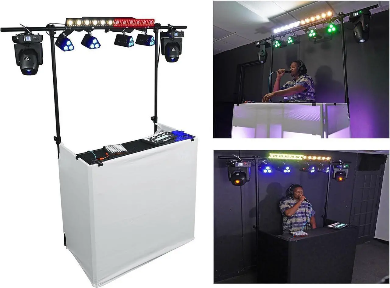 Main image of DJ Booth With Facade, 2-Tier Tables, , Scrims, and Travel Bag, XL Size (48.5" L x 24" D x 44" H), Sturdy, Portable, Quick Setup