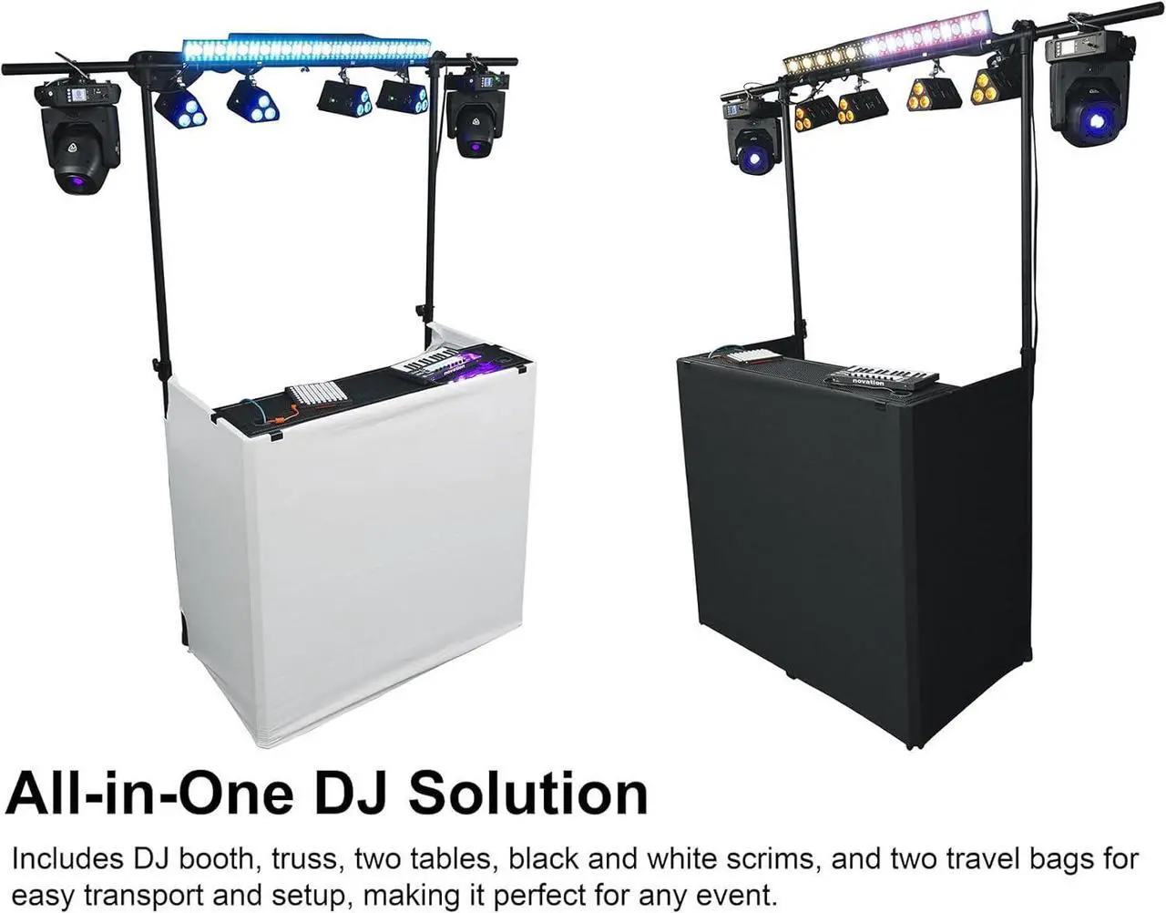 Alt view image 2 of 7 - DJ Booth With Facade, 2-Tier Tables, , Scrims, and Travel Bag, XL Size (48.5" L x 24" D x 44" H), Sturdy, Portable, Quick Setup