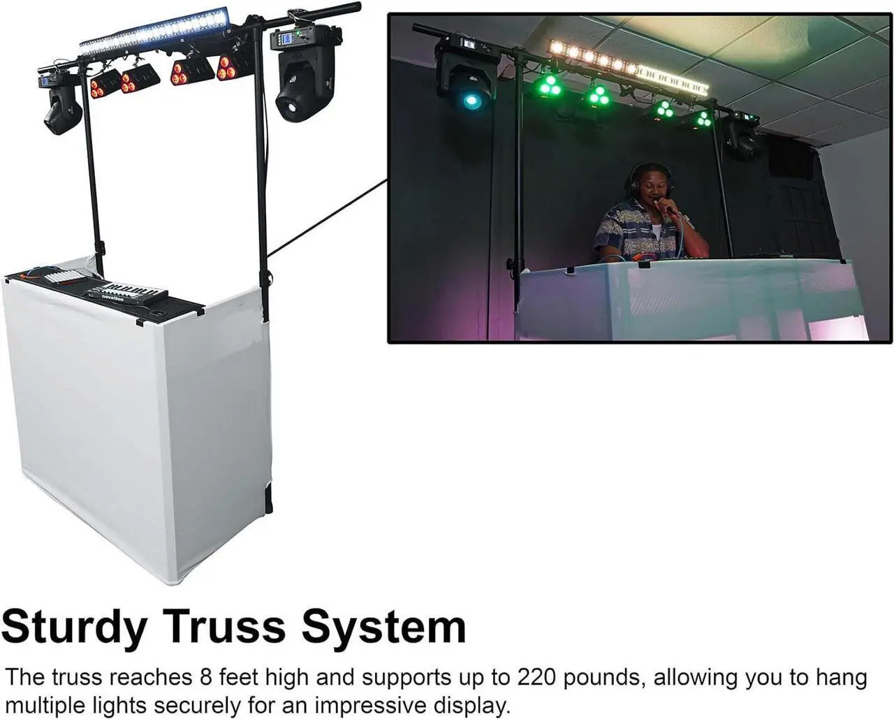 Alt view image 3 of 7 - DJ Booth With Facade, 2-Tier Tables, , Scrims, and Travel Bag, XL Size (48.5" L x 24" D x 44" H), Sturdy, Portable, Quick Setup