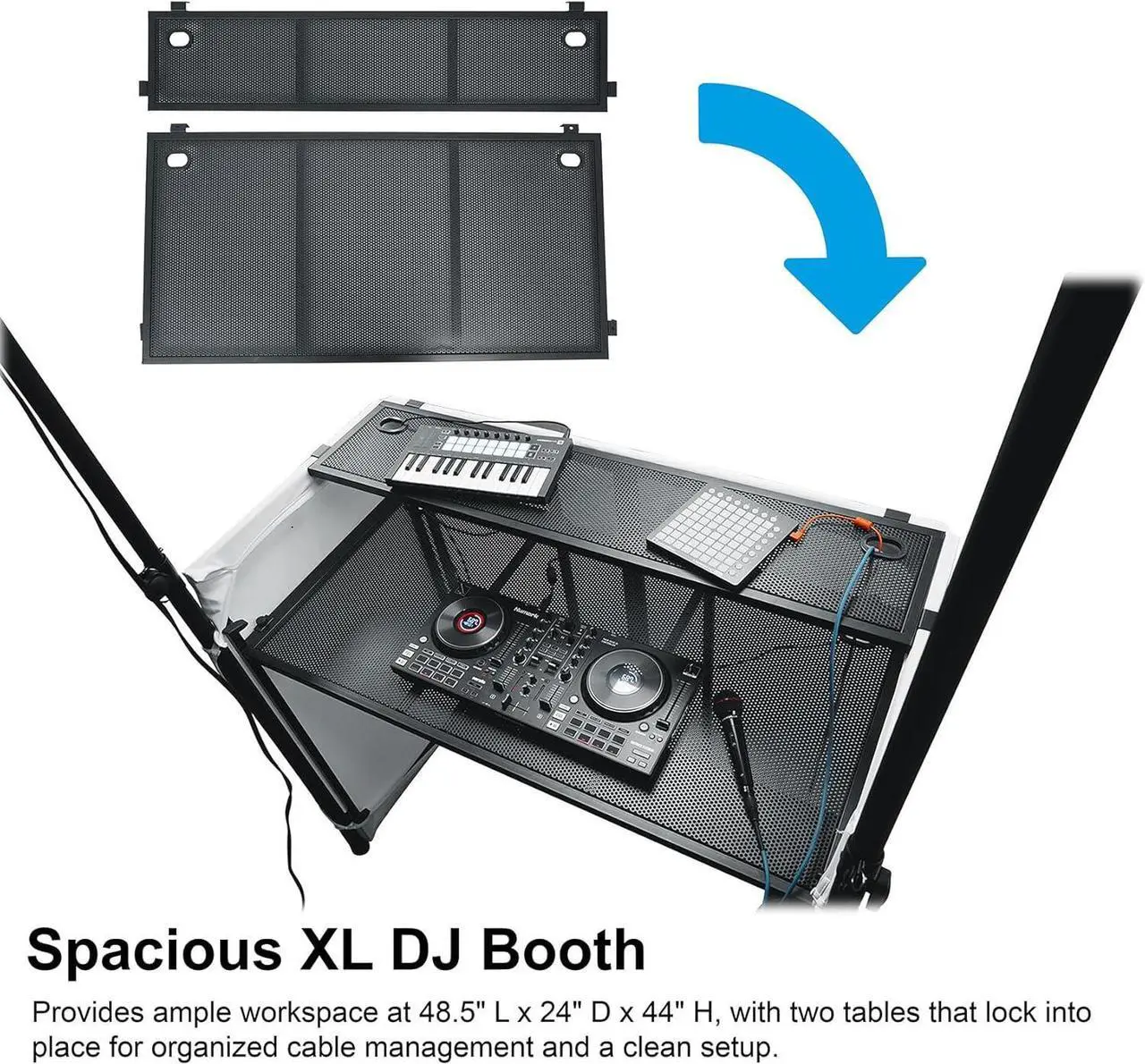 Alt view image 4 of 7 - DJ Booth With Facade, 2-Tier Tables, , Scrims, and Travel Bag, XL Size (48.5" L x 24" D x 44" H), Sturdy, Portable, Quick Setup