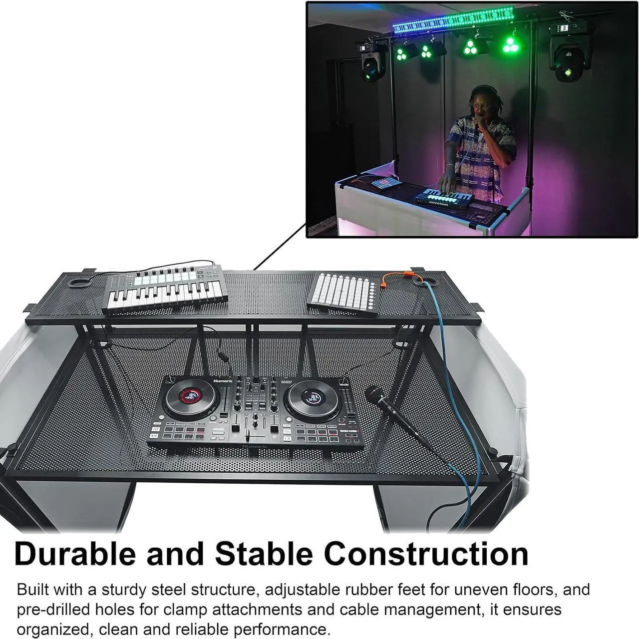Alt view image 5 of 7 - DJ Booth With Facade, 2-Tier Tables, , Scrims, and Travel Bag, XL Size (48.5" L x 24" D x 44" H), Sturdy, Portable, Quick Setup