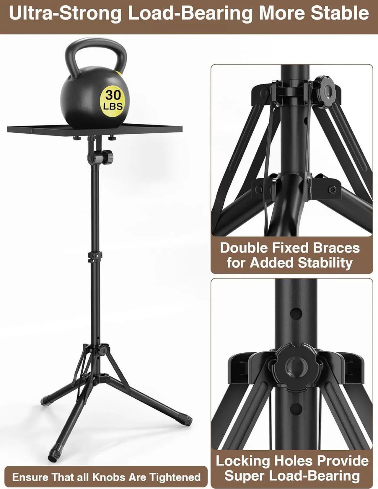 Alt view image 4 of 7 - Projector Stand Tripod Adjustable Height 26" to 38", Floor Standing Laptop Tripod, Foldable Projector Tripod Stand, Portable Podium Stand for Office Home Stage Studio DJ Racks