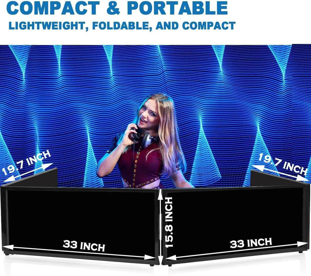 Alt view image 5 of 7 - DJ Booth Facade  67" x 19.7" x 16" Portable DJ Event Booth with Black & White Scrims, with Foldable Panels & Travel Bag, Adjustable for Custom Setup, Ideal for Weddings & Shows