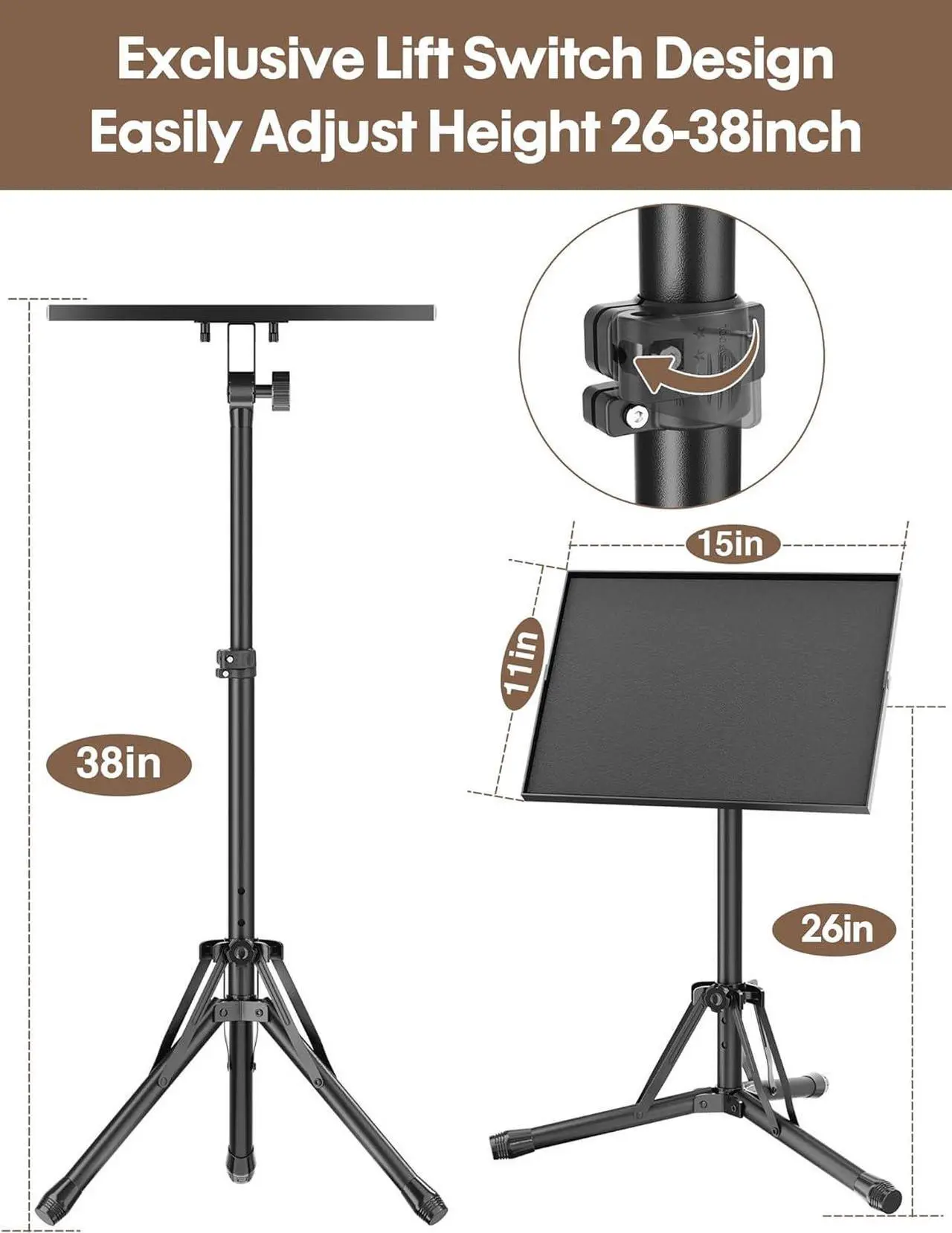 Alt view image 3 of 7 - Projector Stand Tripod Adjustable Height 26" to 38", Floor Standing Laptop Tripod, Foldable Projector Tripod Stand, Portable Podium Stand for Office Home Stage Studio DJ Racks