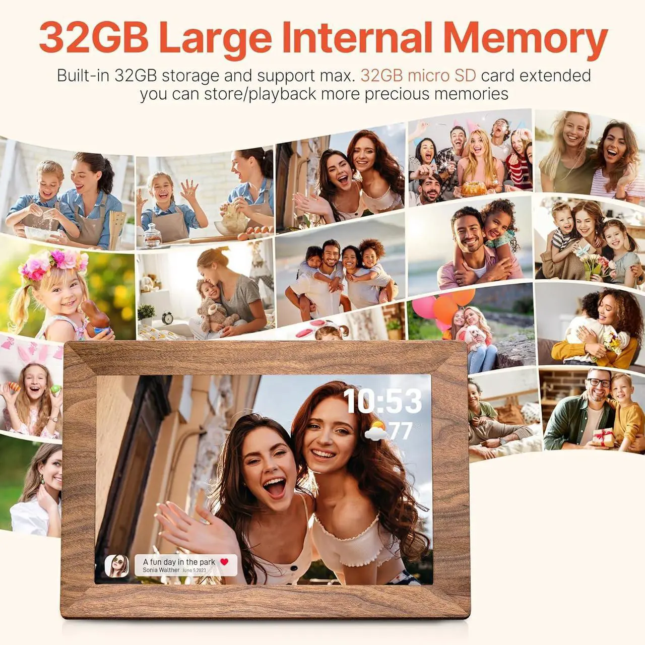 Alt view image 3 of 7 - 10.1" Digital Picture Frame with 32GB Memory WiFi Electronic Photo Frame Wood 1280 x 800 IPS Touch Screen Auto-Rotate Slideshow Wall Mountable Share Photos/Video Remotely Anywhere