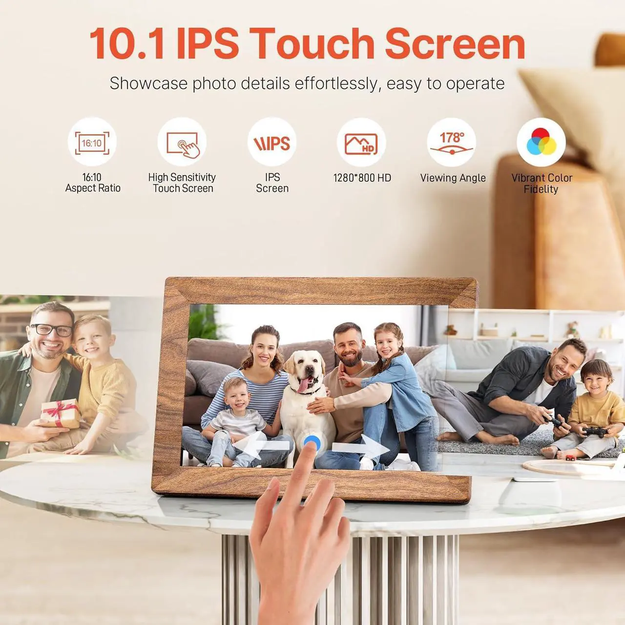 Alt view image 4 of 7 - 10.1" Digital Picture Frame with 32GB Memory WiFi Electronic Photo Frame Wood 1280 x 800 IPS Touch Screen Auto-Rotate Slideshow Wall Mountable Share Photos/Video Remotely Anywhere