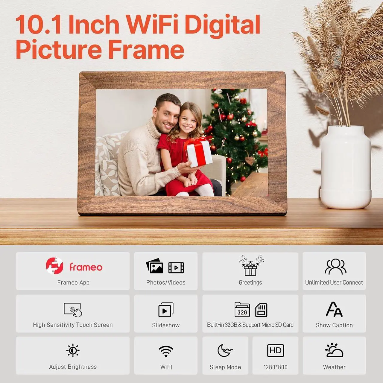Alt view image 5 of 7 - 10.1" Digital Picture Frame with 32GB Memory WiFi Electronic Photo Frame Wood 1280 x 800 IPS Touch Screen Auto-Rotate Slideshow Wall Mountable Share Photos/Video Remotely Anywhere