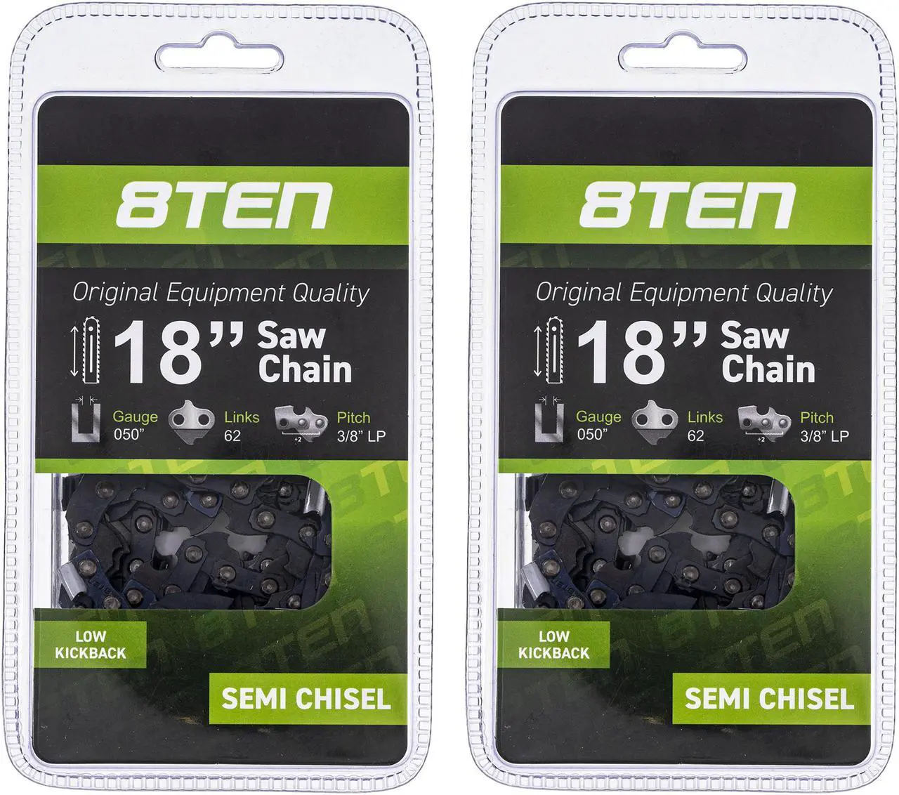 8TEN Chainsaw Chain for Poulan 230 Wildthing Jonsered Husqvarna 18 inch Bar .050 Gauge 3/8 Pitch 62 Drive Link 2 Pack