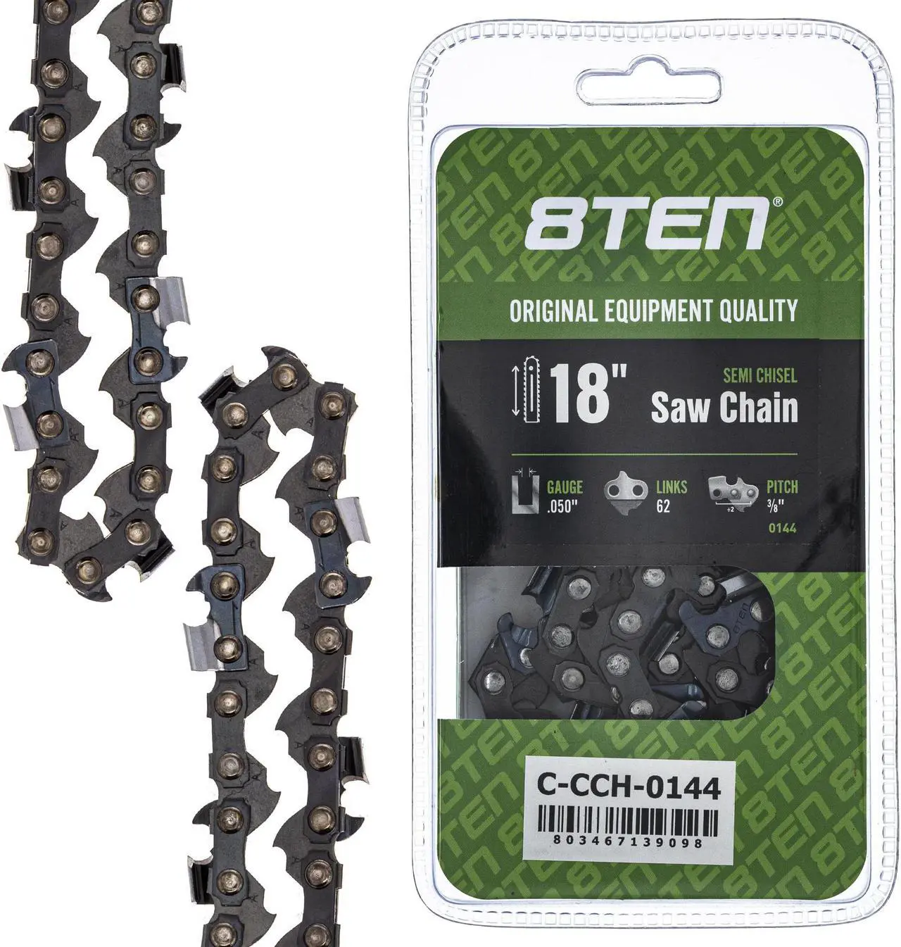 8TEN Semi Chisel Chainsaw Chain 18 Inch .050 3/8 62DL for Husqvarna 235 240 Stihl Echo CS300