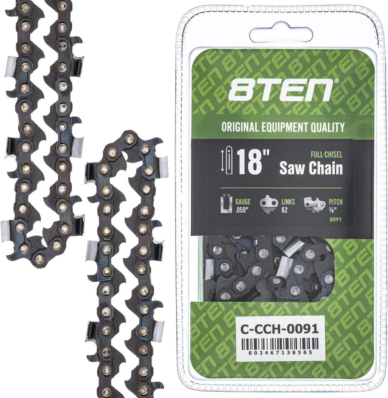 8TEN Full Chisel Chainsaw Chain 18 Inch .050 3/8 62DL for Husqvarna 235 240 Stihl Echo CS300