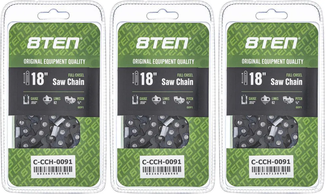 8TEN Full Chisel Chainsaw Chain 18 Inch .050 3/8 62DL for Husqvarna 235 240 Stihl Echo CS300 (3 Pack)