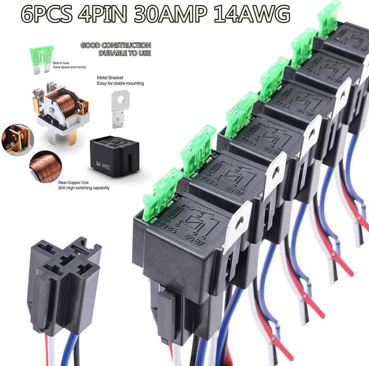 Acaigel 12V Fuse Relay Switch Harness Set- 30A Blade Fuse 4-Pin SPST Relays 14AWG Wires