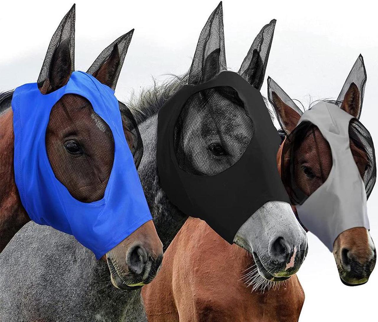 Acaigel 3pcs Horse Fly Masks with Ears Face Covering for Horse Pony, Black, Gray, Blue