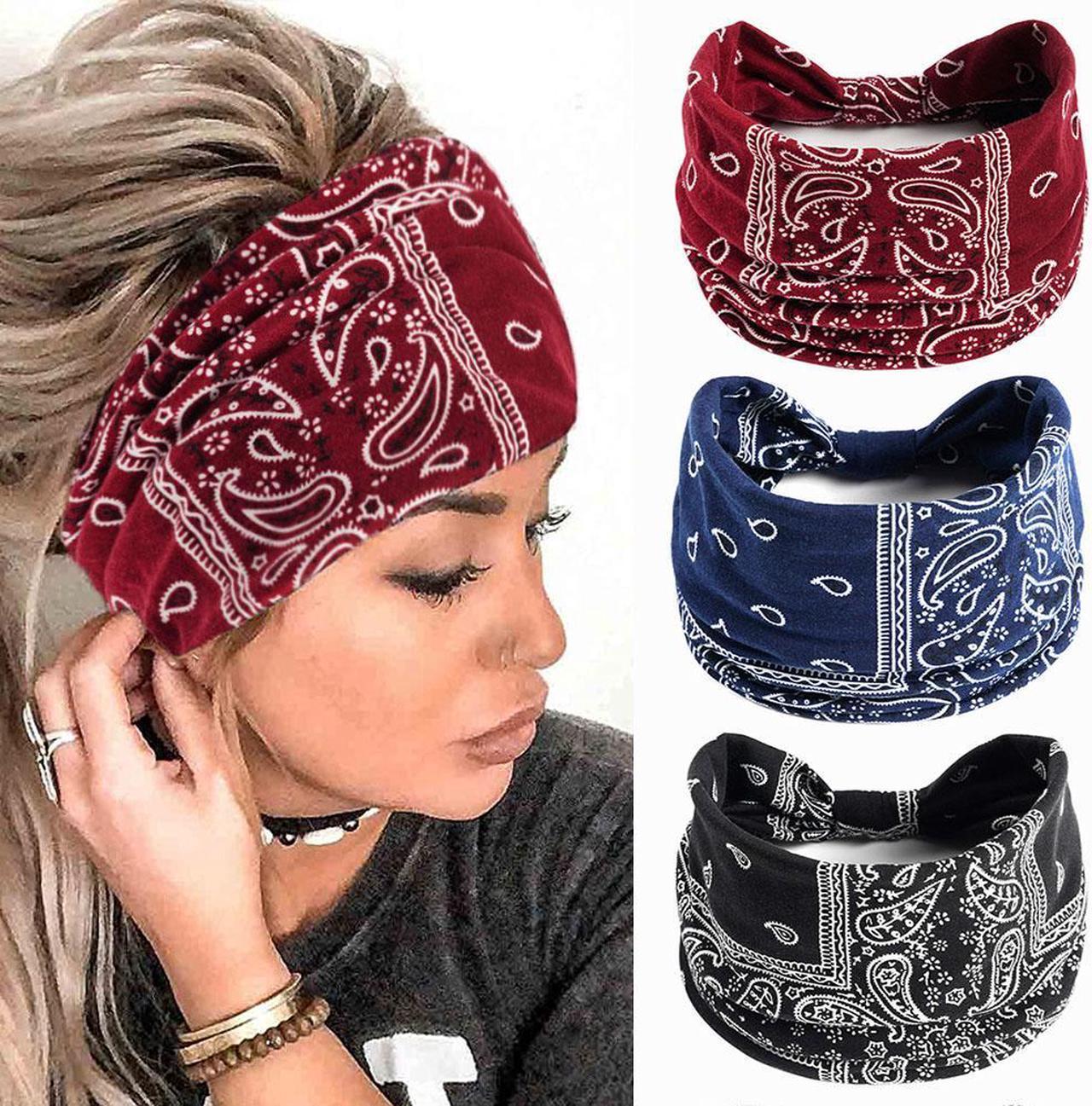 Acaigel 3 Pcs Headband Yoga Sports Workout Hairband Stretchy Boho Print Head Band