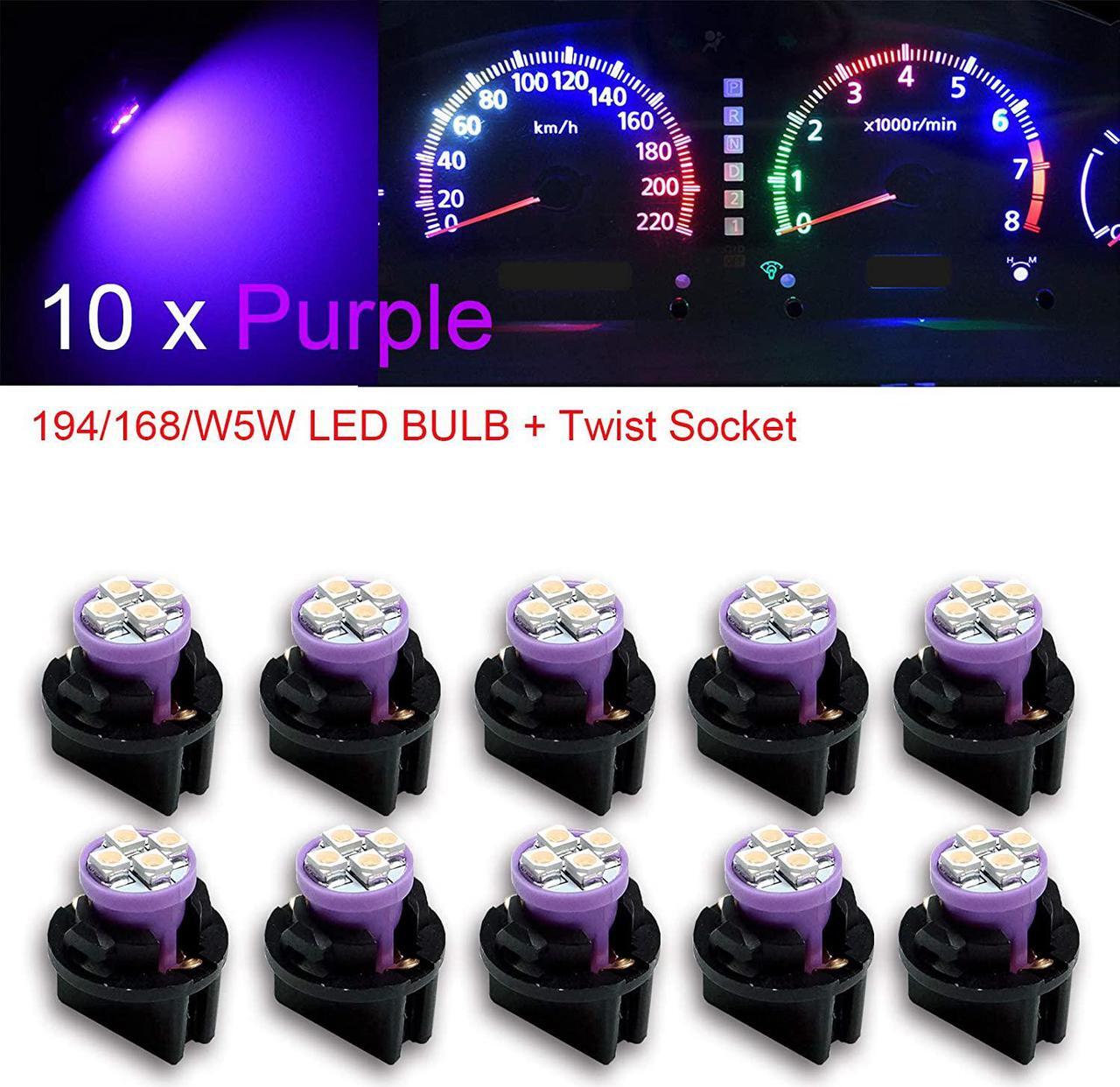 Main image of HYUGA10PCS T10 168 194 Led instrument Panel Dash Light Bulb 1/2" Twist Lock Socket -12V (Purple)