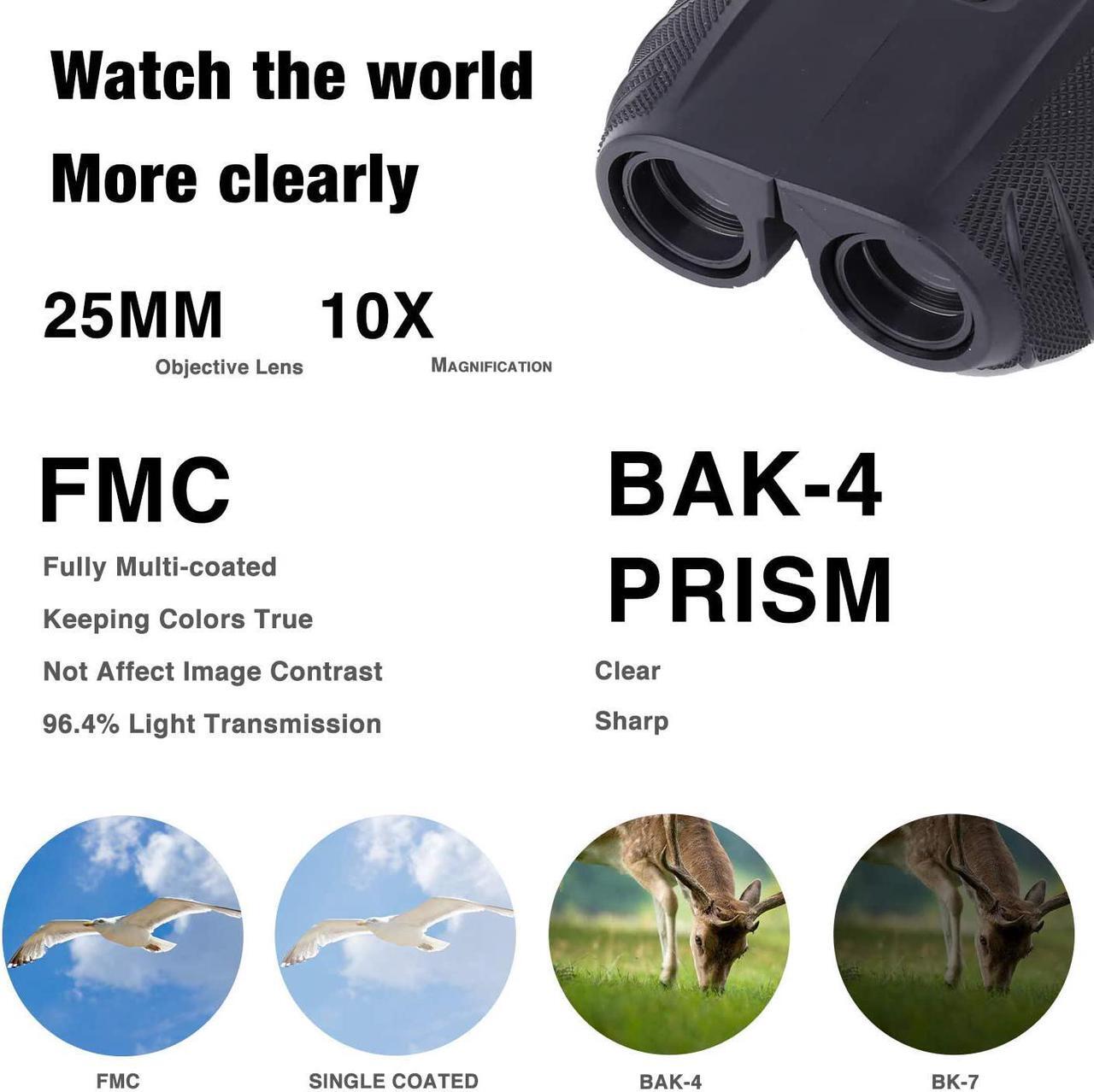 Alt view image 3 of 7 - Binoculars for Adults, High Powered Compact 10x25 Binoculars Pocket for Concerts, Theater, Travel, BAK-4 Roof Prism FMC Lens Kid Binoculars for Bird Watching (0.53lb), SkyGenius