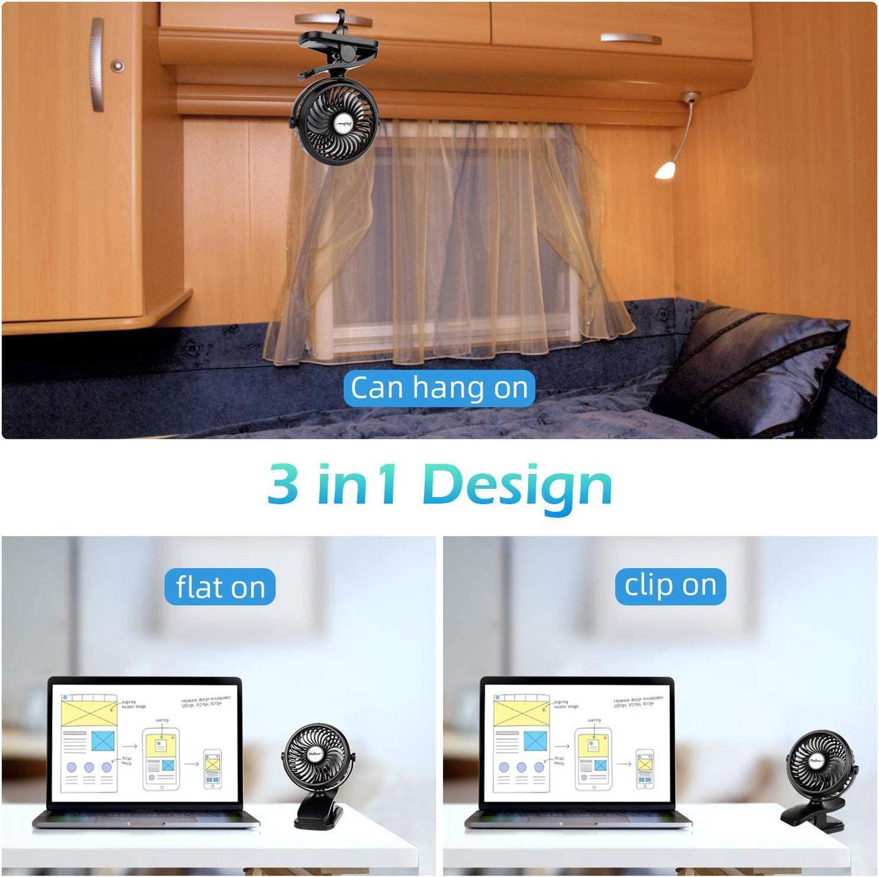 Alt view image 3 of 7 - Clip On Camping Fan with LED Lights, 2200 mAh Rechargeable Battery/USB Operated Mini Fan with Hook Portable for Home Office Outdoors Travel Camping Hiking