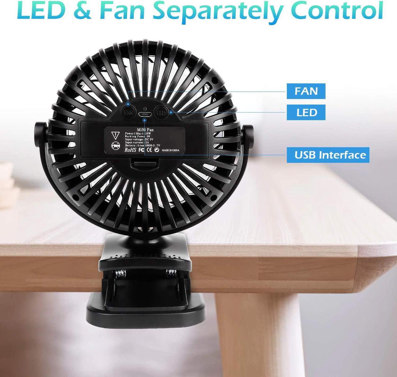 Alt view image 6 of 7 - Clip On Camping Fan with LED Lights, 2200 mAh Rechargeable Battery/USB Operated Mini Fan with Hook Portable for Home Office Outdoors Travel Camping Hiking