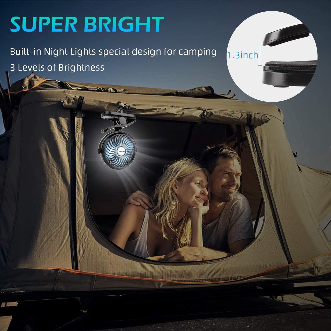 Alt view image 2 of 7 - Clip On Camping Fan with LED Lights, 2200 mAh Rechargeable Battery/USB Operated Mini Fan with Hook Portable for Home Office Outdoors Travel Camping Hiking