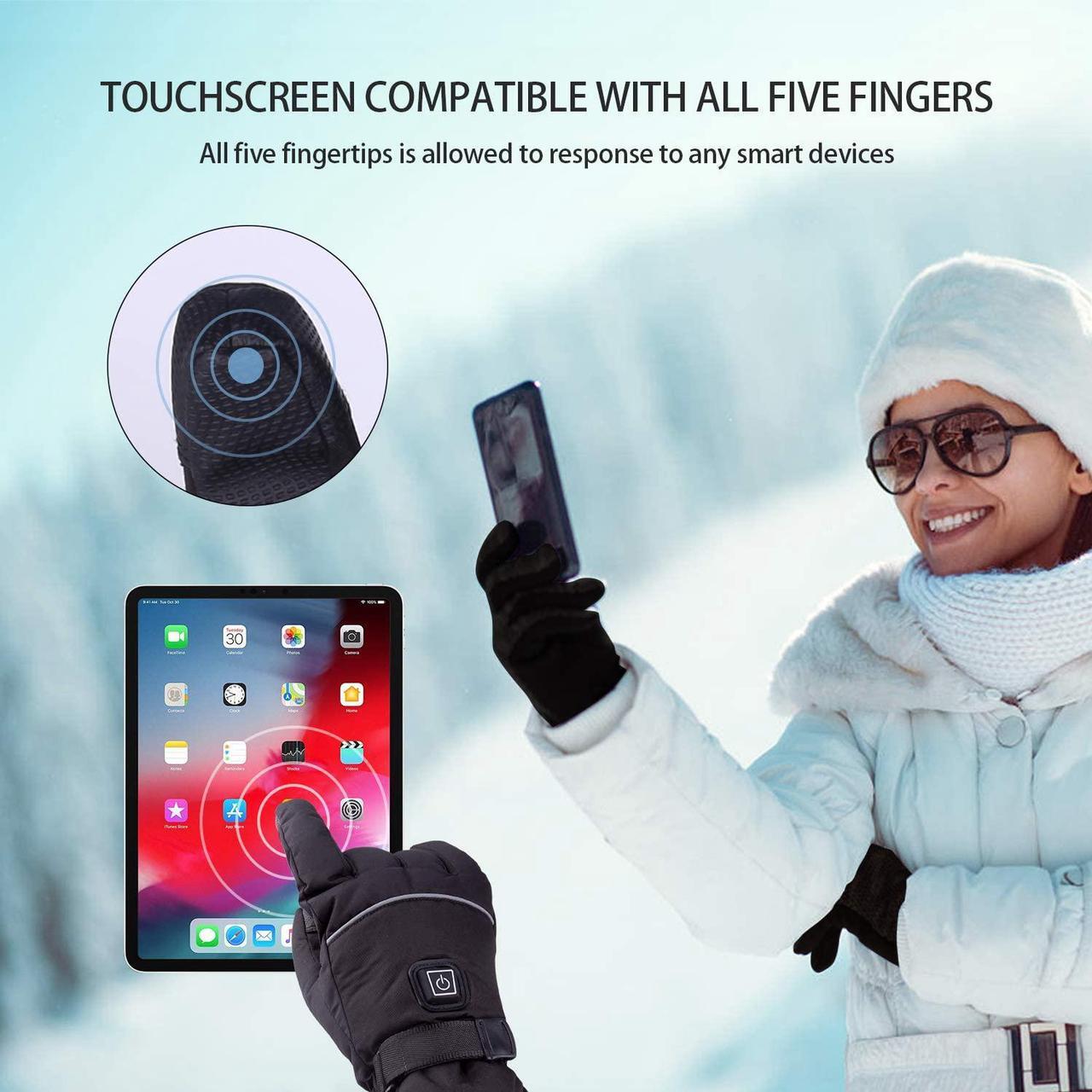 Alt view image 5 of 7 - Heated Ski Gloves for Men Women, Battery Rechargeable Heated Motorcycle Ski Gloves, Waterproof Touchscreen Winter Gloves for Cycling Fishing Hunting