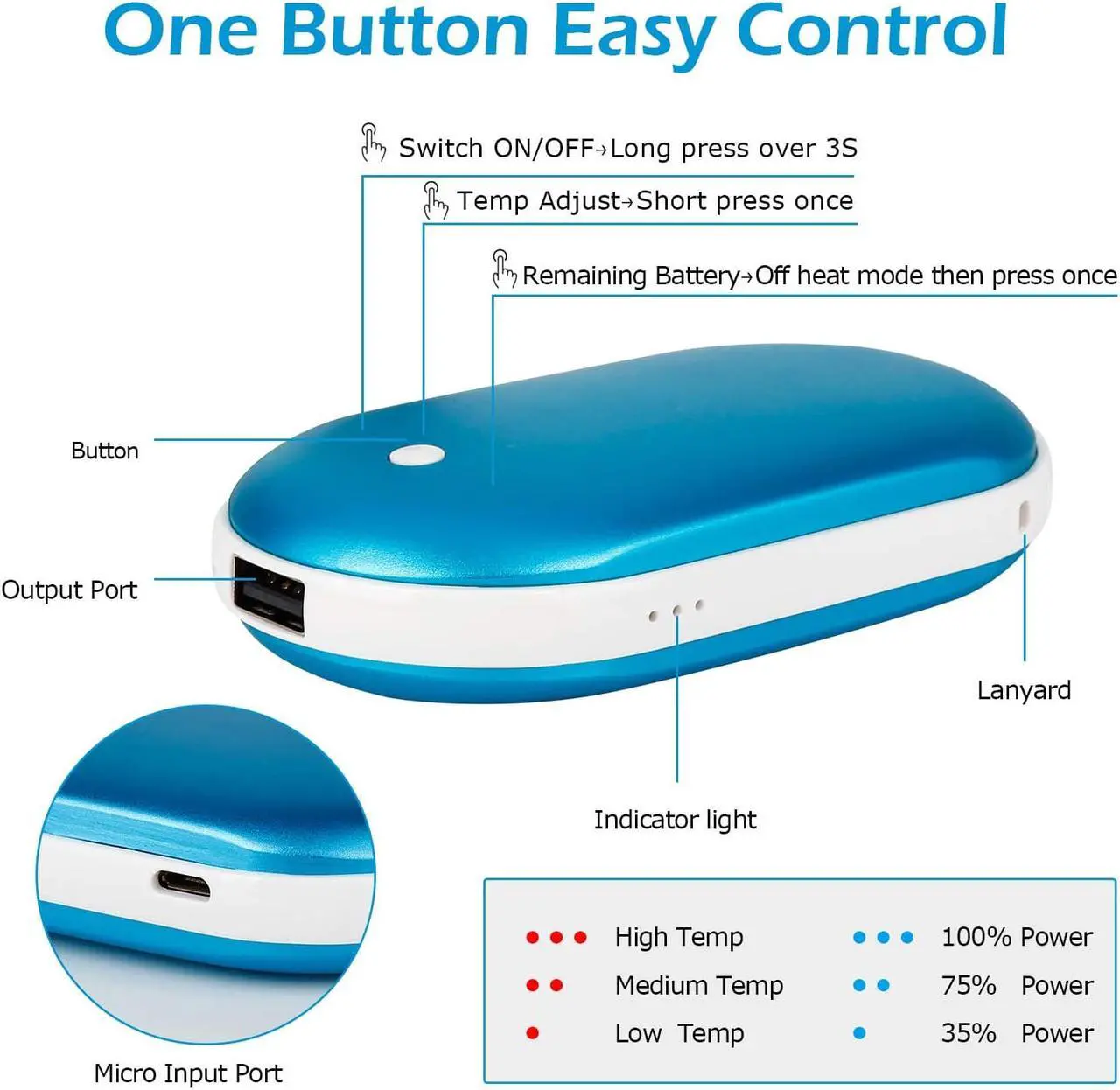 Alt view image 4 of 7 - Electric Pocket Hand Warmers Rechargeable USB Winter Heater Warmer Power Bank 2in1 5200mAh Light Blue Xmas Gift