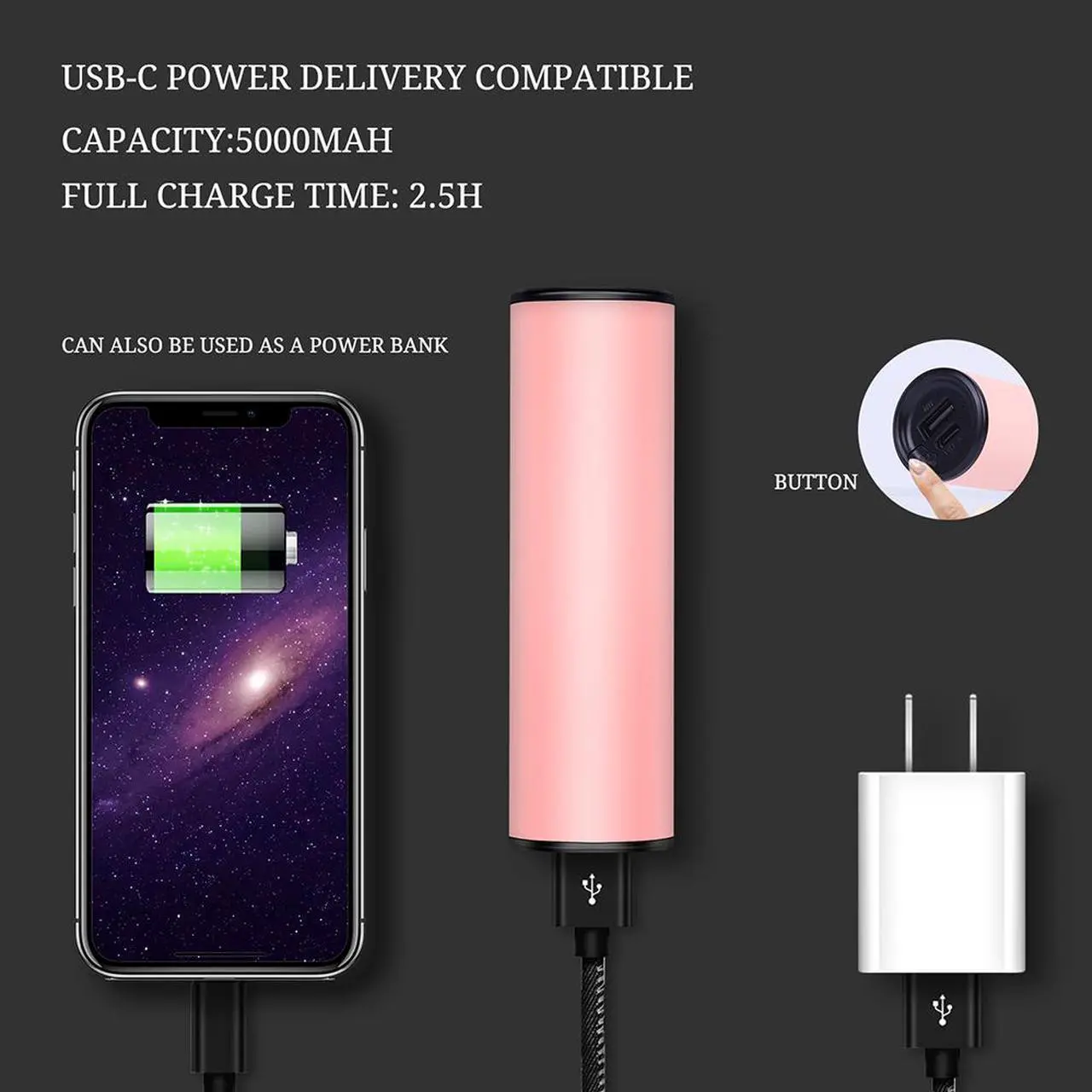 Alt view image 4 of 7 - 2 PACK Sky Genius Reuseable Electric Heated Hand Warmers USB Rechargeable Power Bank Warmer Heater 2in1 5000mAh Light Pink, Holiday Gift