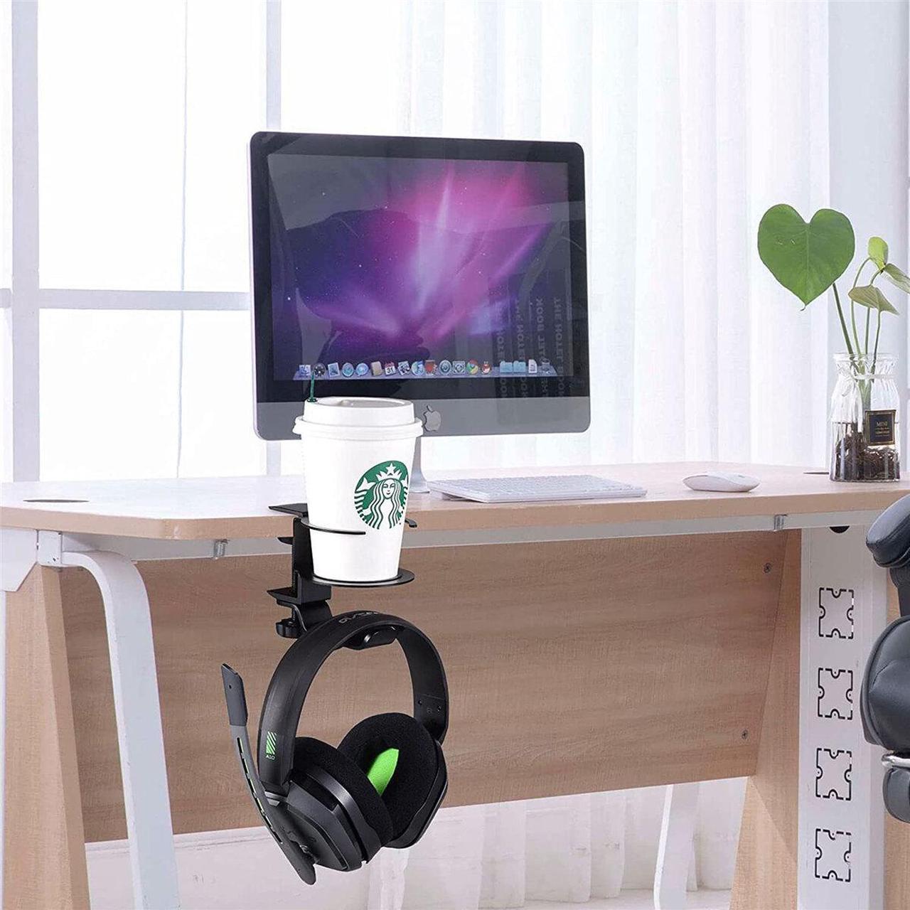 Alt view image 3 of 4 - 2-in-1 Headset Stand Cup Holder 360° Rotating PC Gaming Headphone Hanger Wall Hook Mount Headphone Organizer Desktop Accessories