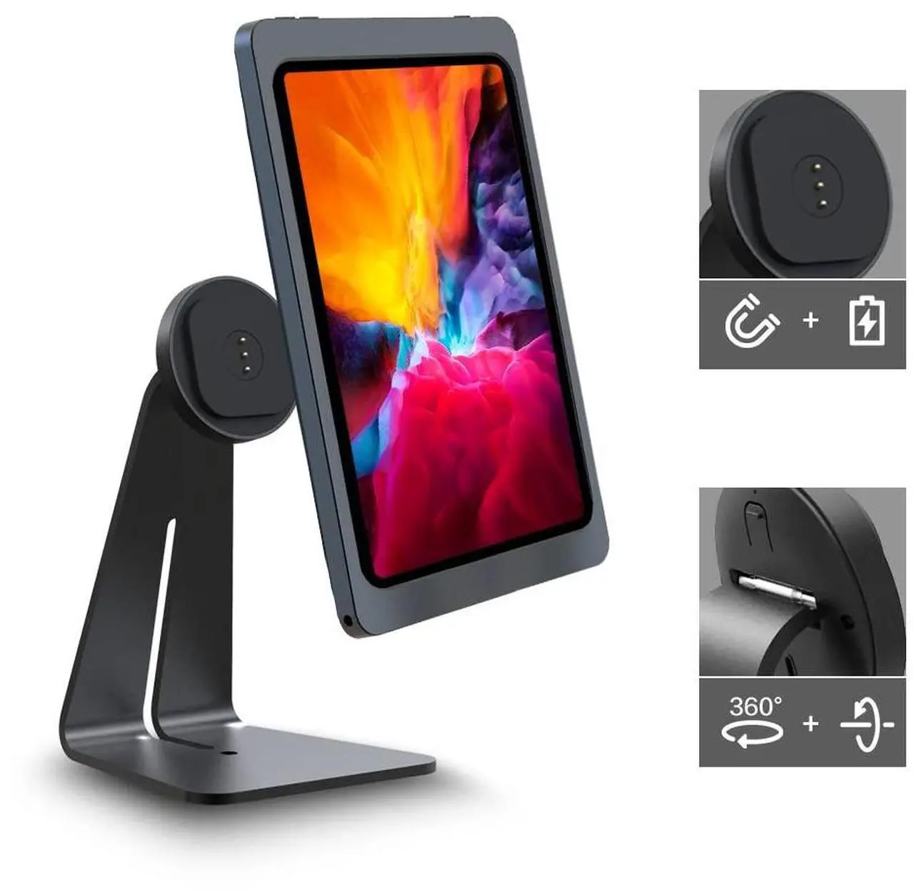 Main image of Emonita Magnetic iPad Stand, with 360° Adjustable and Rotatable Charging Port, Only iPad Stand - Black