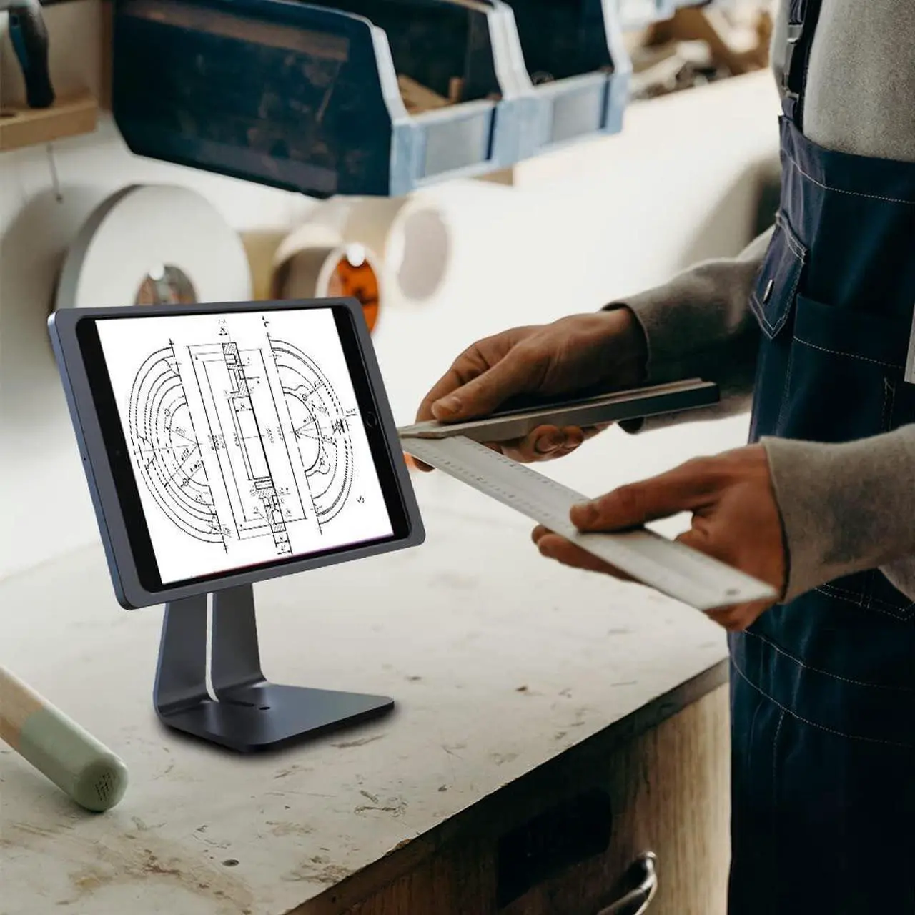 Alt view image 6 of 7 - Emonita Magnetic iPad Stand, with 360° Adjustable and Rotatable Charging Port, Only iPad Stand - Black