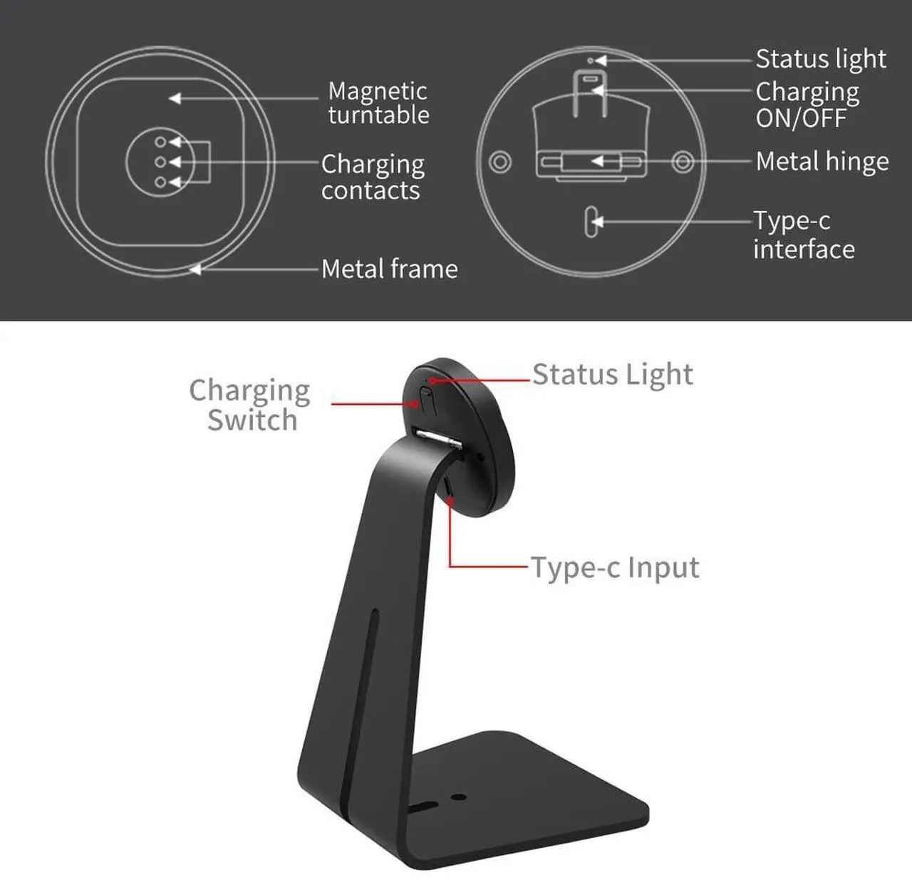 Alt view image 5 of 7 - Emonita Magnetic iPad Stand, with 360° Adjustable and Rotatable Charging Port, Only iPad Stand - Black