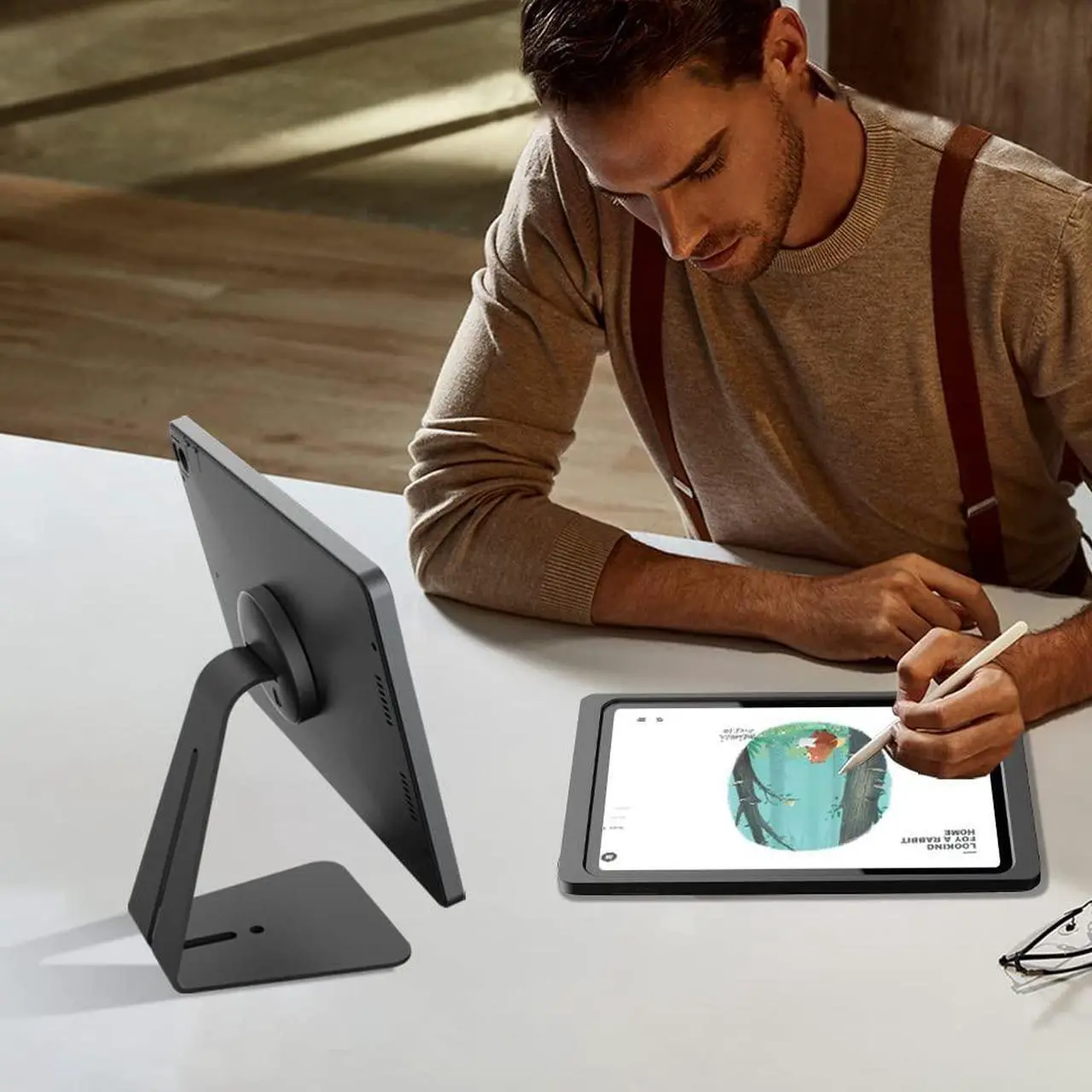 Alt view image 7 of 7 - Emonita Magnetic iPad Stand, with 360° Adjustable and Rotatable Charging Port, Only iPad Stand - Black