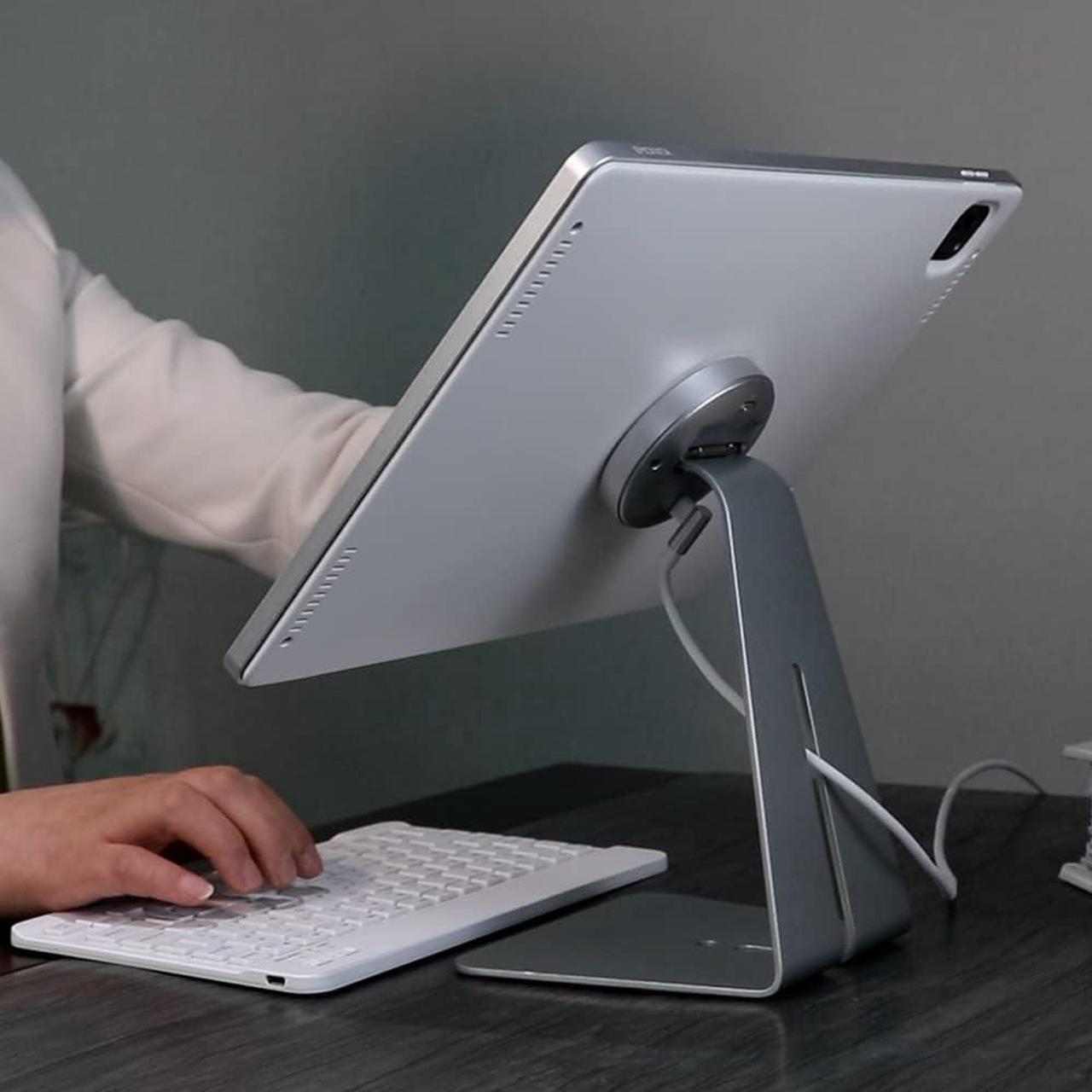 Alt view image 6 of 7 - Emonita Magnetic iPad Stand, with 360° Adjustable and Rotatable Charging Port, Only iPad Stand -silver