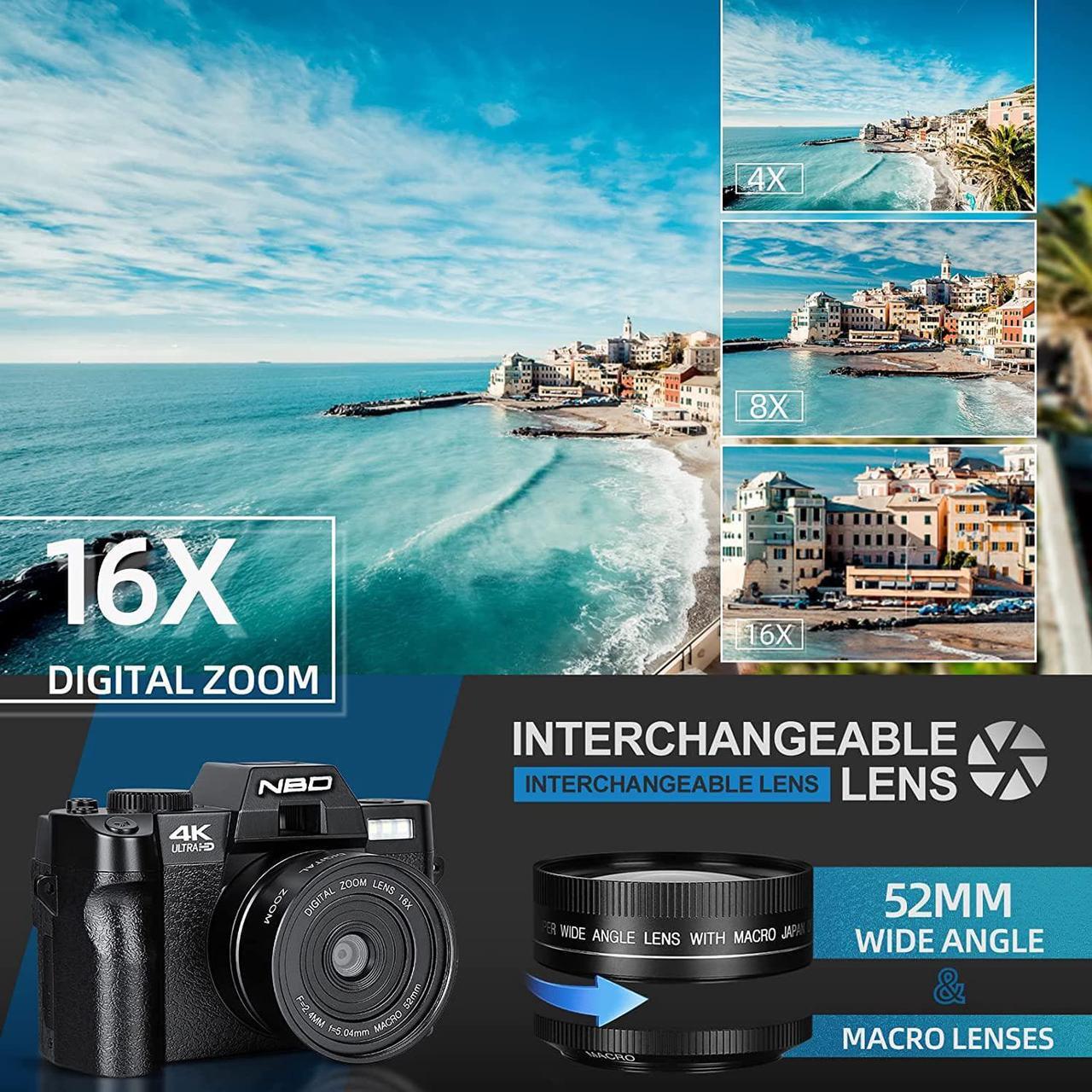 Alt view image 2 of 6 - NBD 4K Digital Camera, 48MP Digital Cameras for Photography. 60FPS Video Camera for Vlogging, Wifi & App Control Vlogging Camera for Youtube, Small Camera with 32GB TF Card.Wide-angle & Macro lens