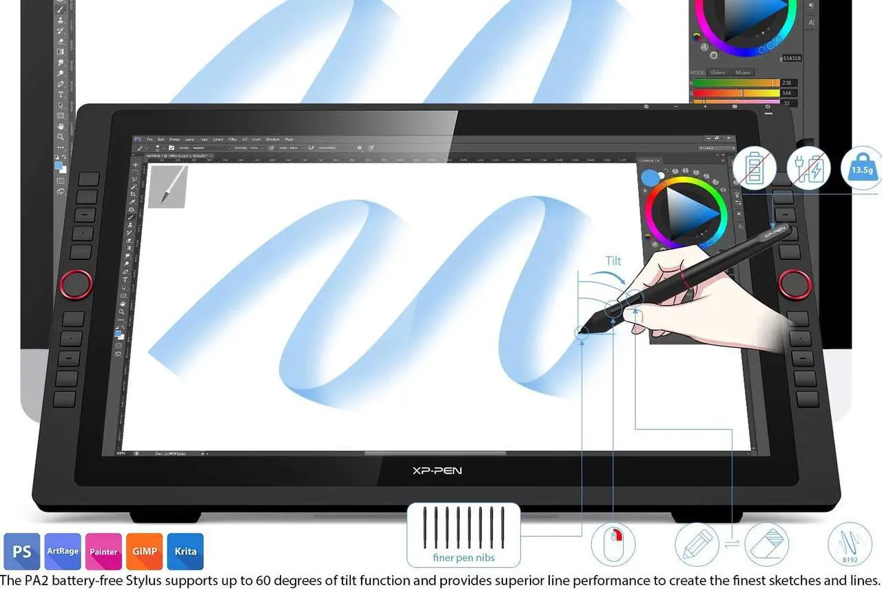 Alt view image 5 of 7 - XP-PEN Artist22R Pro Drawing Monitor 21.5 Inch Pen Display Graphic Tablet with Two Red Dial Wheels,20 Express Keys,2 Battery-Free Stylus with 60° Tilt Sensor,88% NTSC (Adobe RGB 90%,sRGB 120%)