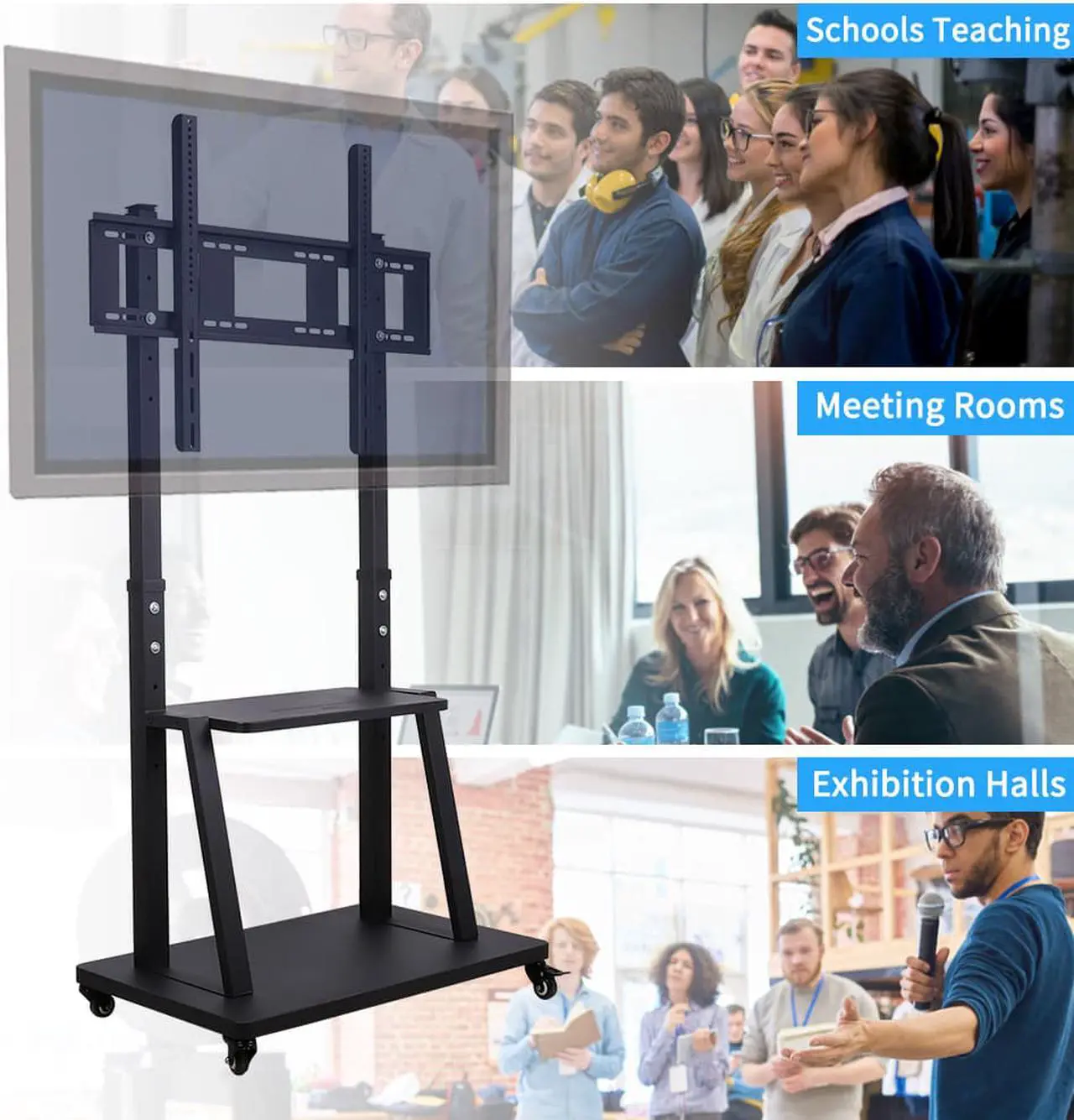 Alt view image 4 of 7 - XXL Large Mobile TV Stand Mount Universal Flat Screen Rolling TV Cart for 32-100 inch LED LCD OLED Screens Height Adjustable Ultra Stable TV Trolley with 2 Tier Storage Shelves