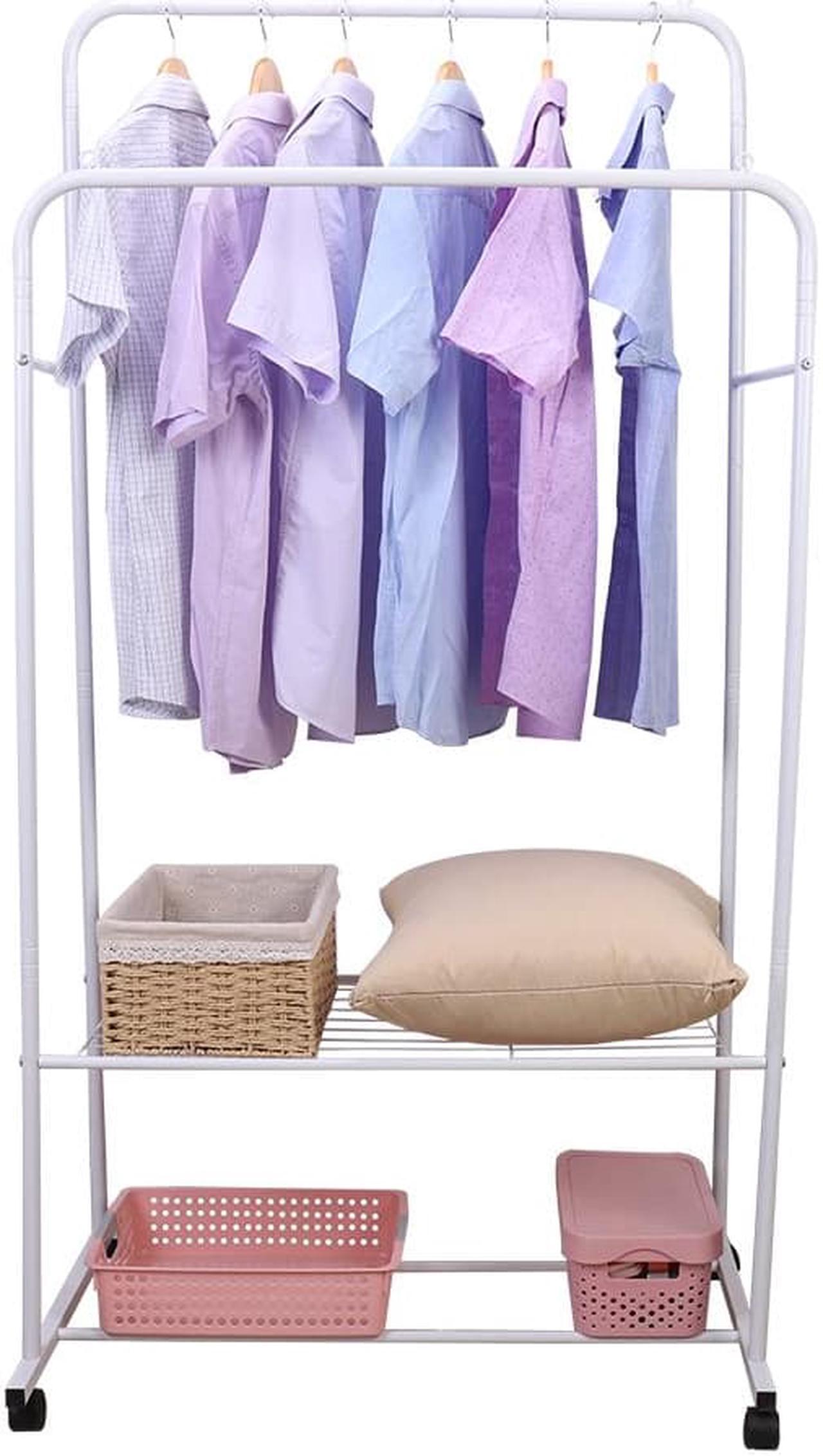 Alt view image 4 of 7 - Fashional simple Double Rail Clothes Rack Rolling Clothes Organizer  Double Rod Portable Clothing Hanging Stand  Display  Garment Rack with 2-tier Storage Shelves