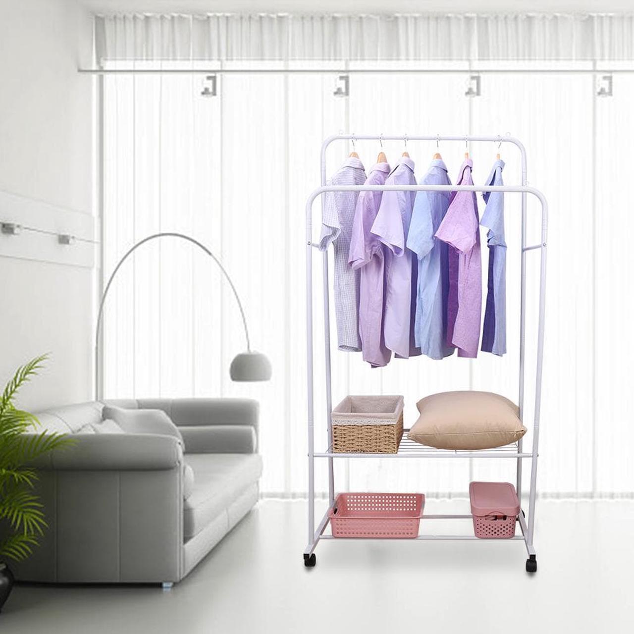 Alt view image 3 of 7 - Fashional simple Double Rail Clothes Rack Rolling Clothes Organizer  Double Rod Portable Clothing Hanging Stand  Display  Garment Rack with 2-tier Storage Shelves