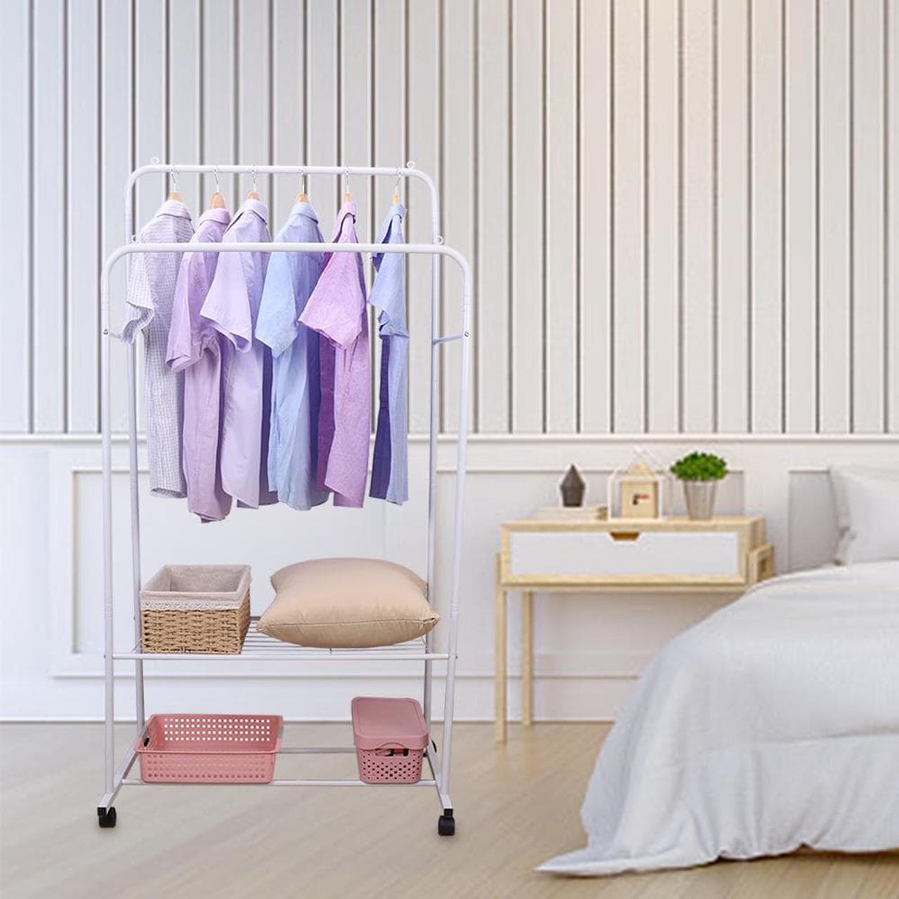 Alt view image 2 of 7 - Fashional simple Double Rail Clothes Rack Rolling Clothes Organizer  Double Rod Portable Clothing Hanging Stand  Display  Garment Rack with 2-tier Storage Shelves