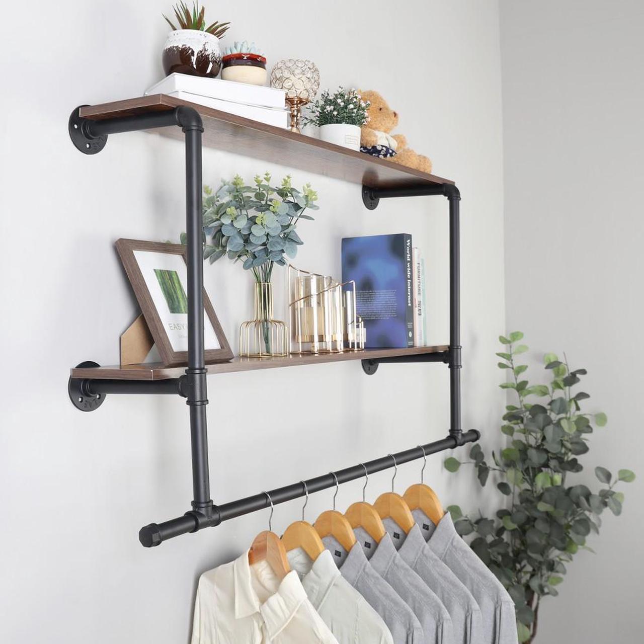 Main image of Wall Mounted Industrial Pipe Garment Rack Heavy Duty Iron  Garment Rack, Multi-Purpose Clothes Display Rack with 2-tier Top Shelves