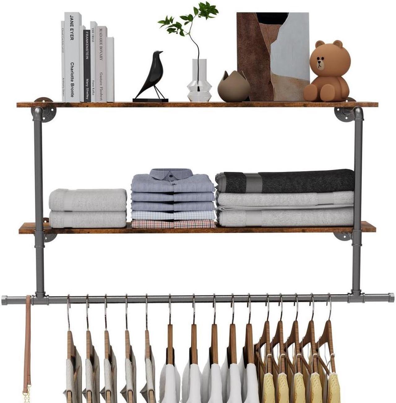 Alt view image 2 of 7 - Wall Mounted Industrial Pipe Garment Rack Heavy Duty Iron  Garment Rack, Multi-Purpose Clothes Display Rack with 2-tier Top Shelves