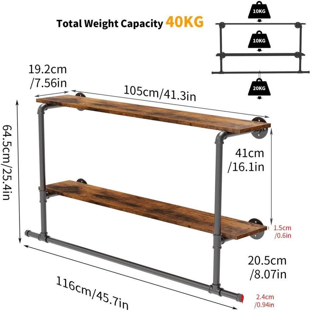 Alt view image 7 of 7 - Wall Mounted Industrial Pipe Garment Rack Heavy Duty Iron  Garment Rack, Multi-Purpose Clothes Display Rack with 2-tier Top Shelves