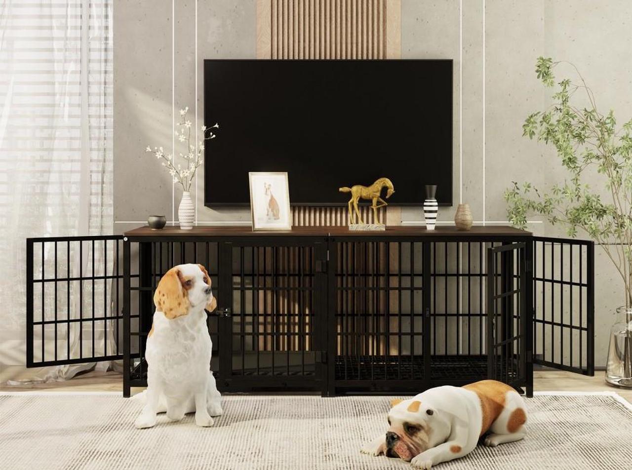 Alt view image 4 of 7 - 3 doors Furniture style  Dog Crate,  Wooden Dog Crate Table, Indoor Dog Kennel, Dog House, Dog Cage Medium with  Removable Tray Large Black