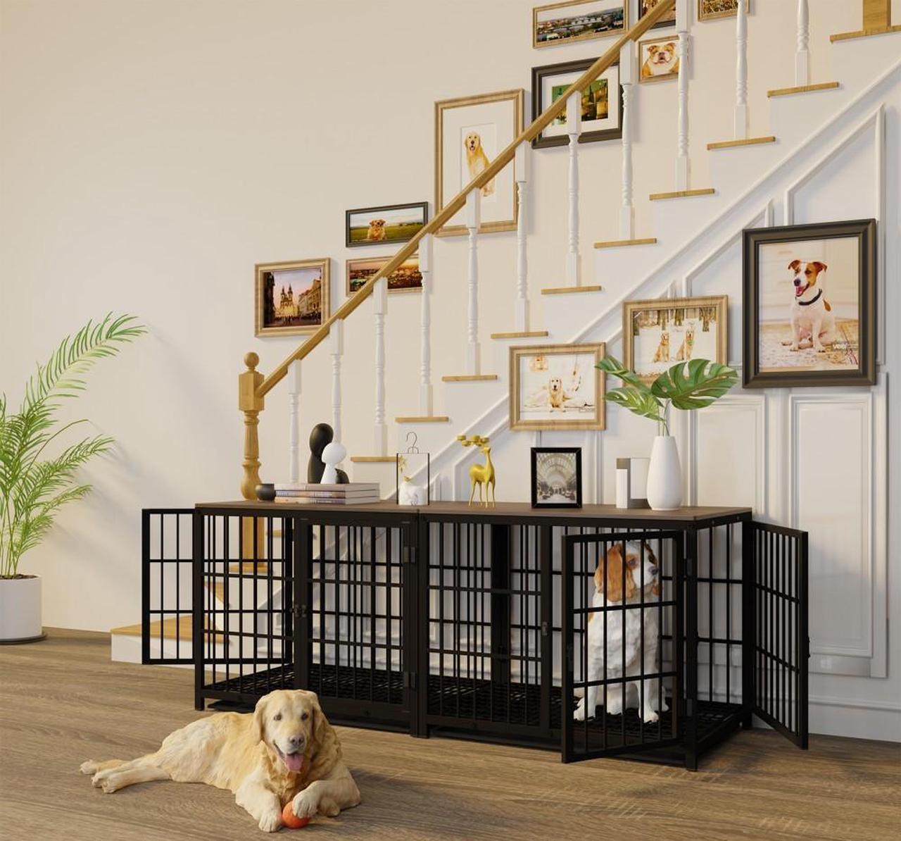 Alt view image 3 of 7 - 3 doors Furniture style  Dog Crate,  Wooden Dog Crate Table, Indoor Dog Kennel, Dog House, Dog Cage Medium with  Removable Tray Large Black