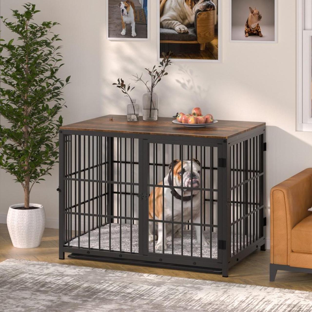 Alt view image 5 of 7 - 3 doors Furniture style  Dog Crate,  Wooden Dog Crate Table, Indoor Dog Kennel, Dog House, Dog Cage Medium with  Removable Tray Large Black
