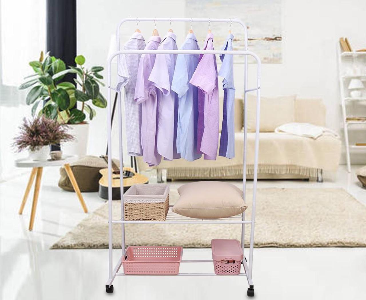 Main image of Fashional simple Double Rail Clothes Rack Rolling Clothes Organizer  Double Rod Portable Clothing Hanging Stand  Display  Garment Rack with 2-tier Storage Shelves