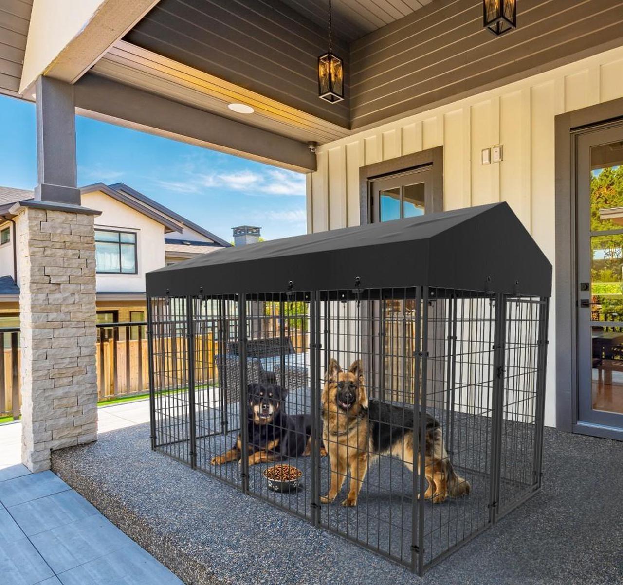 Alt view image 4 of 7 - 64.9'' High Metal Welded Secure Wire Dog Cages Outdoor Giant Huge Dog Kennel Fence  with Waterproof  UV-Resistant Cover