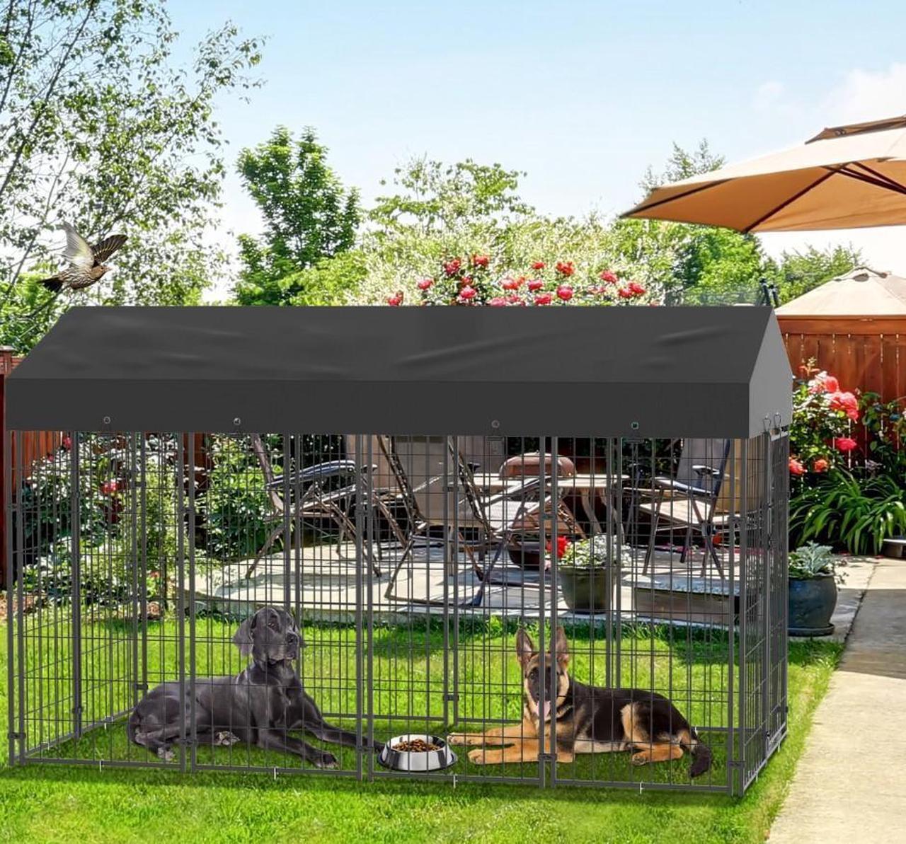 Alt view image 2 of 7 - 64.9'' High Metal Welded Secure Wire Dog Cages Outdoor Giant Huge Dog Kennel Fence  with Waterproof  UV-Resistant Cover