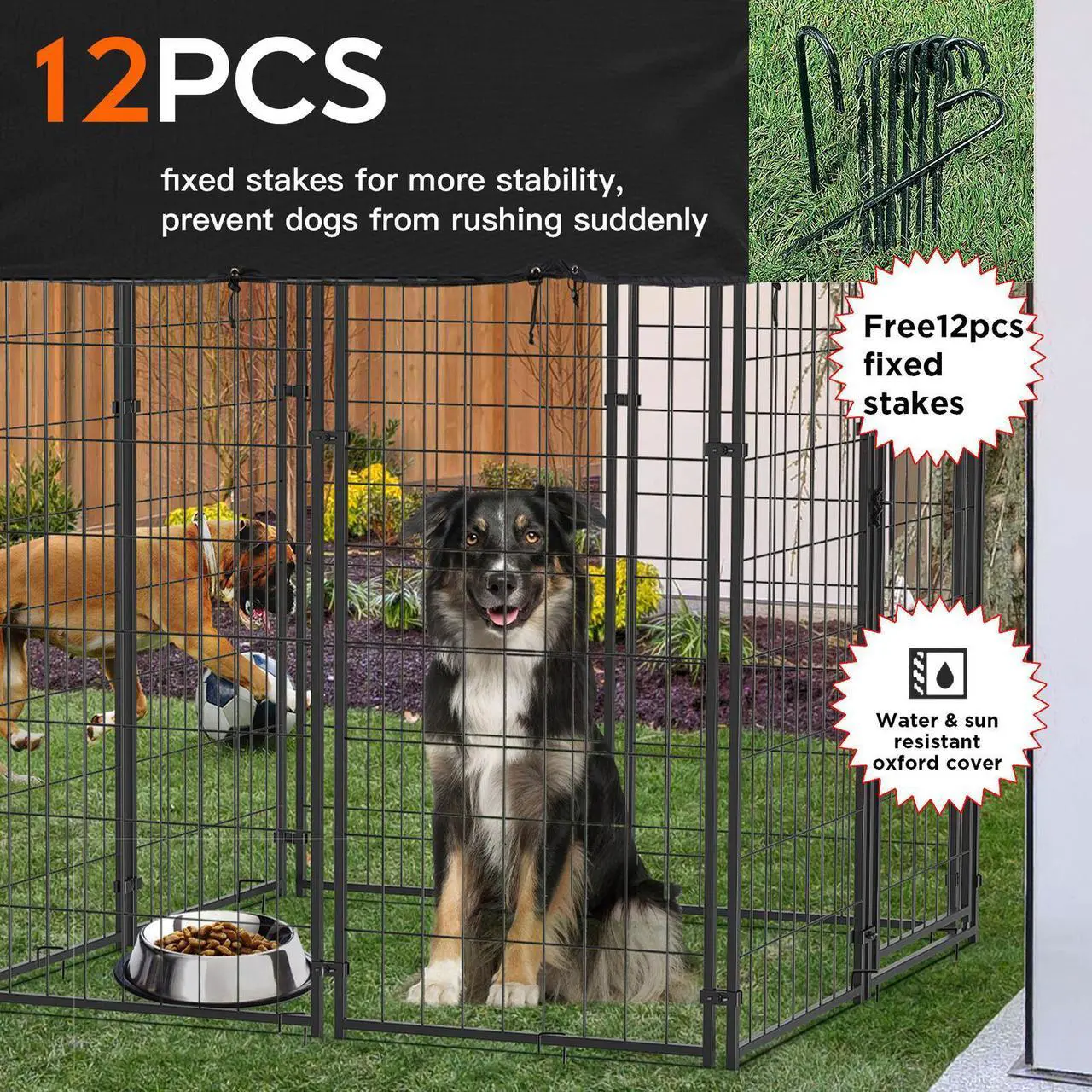 Alt view image 4 of 7 - BingoPaw Large Dog Kennel Outdoor: Dogs Welded Wire Kennels and Runs Crates for Yard with Stakes Water Proof Cover - 5.4ft Tall Extra Large Dog Gazebo Kennel Cages with Canopy for Huge Giant Dogs